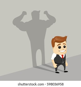 Businessman casting strong man shadow, vector.