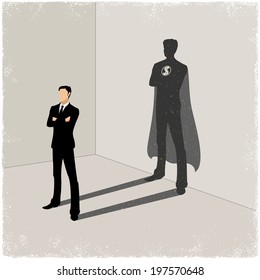 Businessman casting superhero shadow in vector