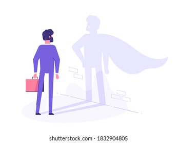 A businessman casts a shadow of a superhero in a cape on the wall. Business motivation and training concept. Vector illustration.