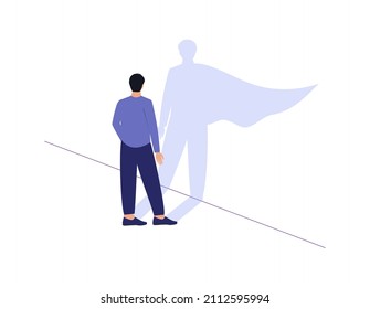 A businessman casts a shadow of a superhero in a cape on the wall. Business motivation and training concept. Vector illustration.