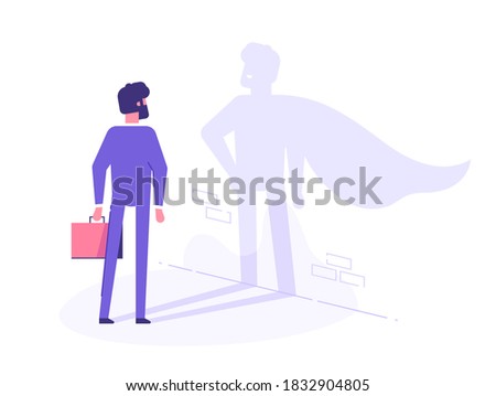A businessman casts a shadow of a superhero in a cape on the wall. Business motivation and training concept. Vector illustration.