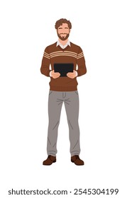 Businessman in casual attire standing with digital tablet. Handsome bearded man working with gadget. Vector illustration isolated on white background.