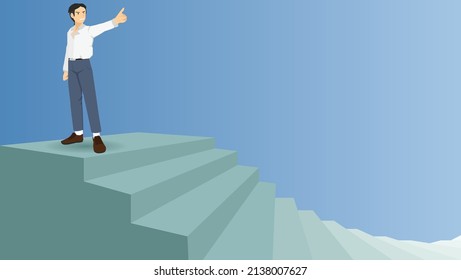 businessman in casual clothes pointing a finger forward with a pep. Standing at the top of a winding staircase. Green tones and blue background.
