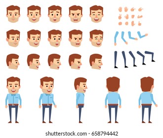 Businessman in casual outfit creation set. Various gestures, emotions, diverse poses, views. Create your own pose, animation. Flat style vector illustration