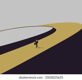 Businessman in casual suite walking on abstract minimal footpath. Ambition, motivation and long road ahead.