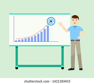 Businessman in casual wear (blue polo shirt with brown trousers) presents business performance by using bar graph, pointing finger to the expected target or goal on whiteboard. Flat design vector.