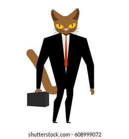 Businessman cat with case and tie. Pet in costume. kitten boss
