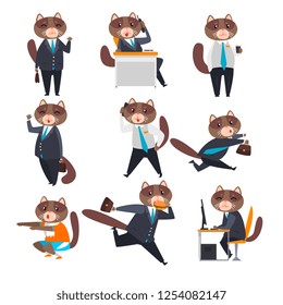 Businessman cat in different situations, humanized animal cartoon character in a suit at work vector Illustration on a white background