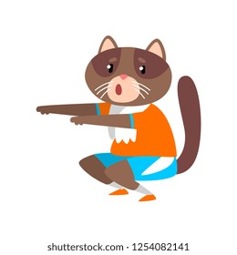 Businessman cat doing squats, humanized animal cartoon character in a suit at work vector Illustration