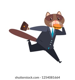 Businessman cat running and eating burgeer, humanized animal cartoon character in a suit at work vector Illustration