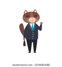 Businessman cat standing with briefcase, humanized animal cartoon character in a suit at work vector Illustration