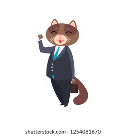 Businessman cat standing with briefcase and waving his hand, humanized animal cartoon character in a suit at work vector Illustration