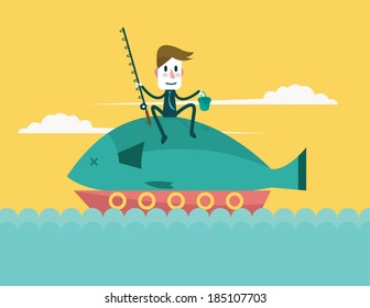 Businessman catch big fish. Business and Successful Concept. Vector
