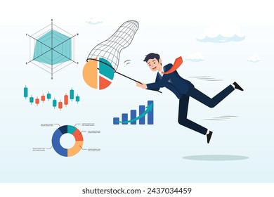 Businessman catch data graph and chart with butterfly net, collect data, statistics, datum diagram, information, research and analysis info, data consolidation, cleansing or big data process (Vector)