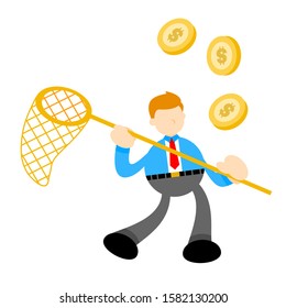 businessman catch gold coin money dollar cartoon doodle flat design style vector illustration