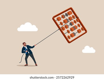 Businessman catch hold and pulling Abacus for calculations equipment shopping sale. Budget allocation, expense and debt pay off or payment. Flat vector illustration