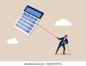 Businessman catch hold and pulling calculator equipment shopping sale. New taxes. Excise tax and banking. Loan calculation, budget allocation, expense and debt pay off or payment. Vector illustration