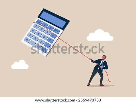 Businessman catch hold and pulling calculator equipment shopping sale. New taxes. Excise tax and banking. Loan calculation, budget allocation, expense and debt pay off or payment. Vector illustration