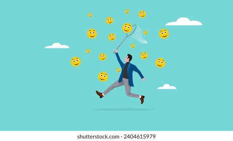 businessman catch smiling face with butterfly net metaphor of happiness illustration, get enjoy and happy in work, work according to passion. looking for happiness in the work concept illustration 