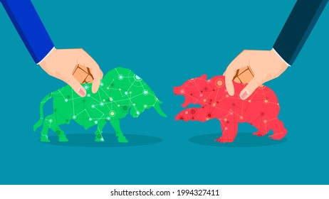 A businessman catches a bear and a bull fighting each other. Bear and Bull Market Concept