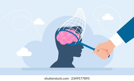 A businessman catches butterfly net a person's brain. Intrusive thoughts. Manipulation of thinking by advertising. Propaganda. Using a trap for human views. Vector flat illustration