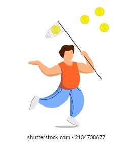 Businessman catches gold coins with a net. Illustration for working from home and making money. Trendy poster for office workers, enterprises. freelance work