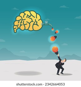 Businessman catches the light bulbs coming out from the brain faucet. Create ideas concept vector illustration