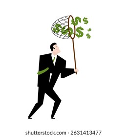 BusinessMan catches money with Butterfly net . Concept of catching money. Getting rich and increasing finances.