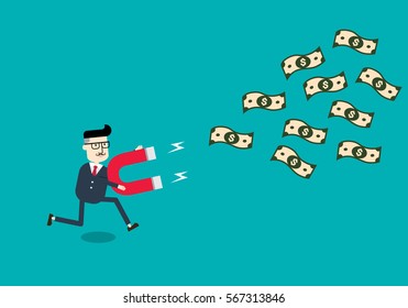 Businessman catches money with money magnet.