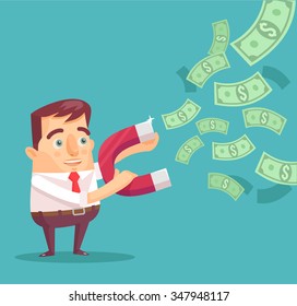 Businessman catches money with money magnet. Vector flat illustration