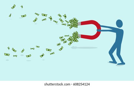 Businessman catches money with money magnet - vector illustration