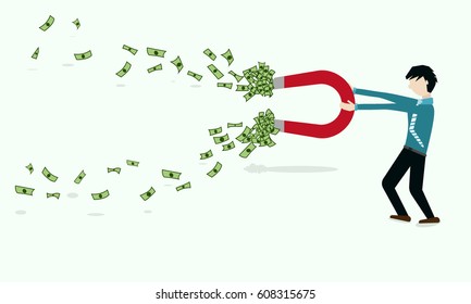 Businessman catches money with money magnet - vector illustration