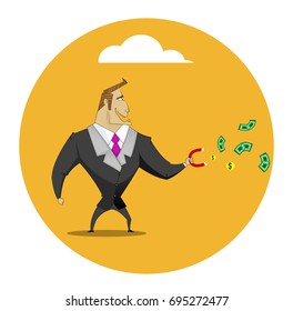 Businessman catches money using magnet. Making profit concept. Vector illustration