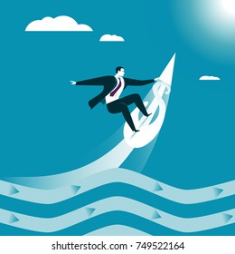 Businessman catches a rising wave carrying it to success. Business concept. Vector illustration