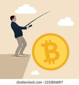 Businessman catching bitcoin cash on fishing rod. Profit, mining, income. Manager worker entrepreneur fisherman catching bitcoin from pond. Cryptocurrency earning and digital finance e-commerce.