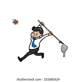 Businessman catching butterfly by net cartoon vector