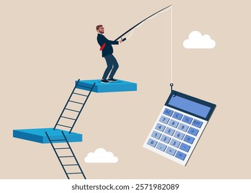 Businessman catching calculator on fishing rod. Vector illustration in flat style. 