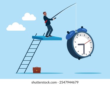 Businessman catching clock on fishing rod. 24-7 support service,  working hours. Flat vector illustration