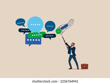 Businessman catching dialog speech bubble. Effective communication message and conversation. Catch up meeting summary, customer opinion, conversation. Flat vector illustration.