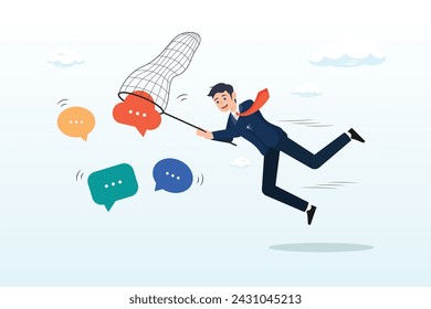 Businessman catching dialog speech bubble, requirement gathering, catch up meeting summary, client or customer opinion, conversation, effective communication or message and conversation (Vector)