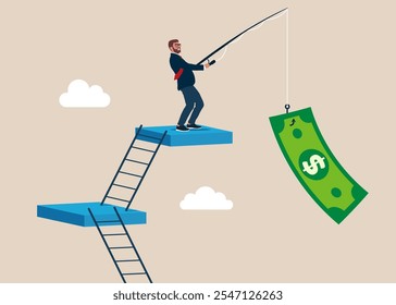 Businessman catching dollar bill on fishing rod. Dollar price soaring sky high hit new high record concept. Flat vector illustration