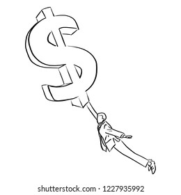 businessman catching the flying big dollar sign vector illustration sketch doodle hand drawn with black lines isolated on white background