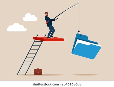 Businessman catching folder with documents on fishing rod. Organize document files into archive folders. Flat vector illustration