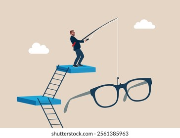 Businessman catching glasses on fishing rod. Clear business vision, see through lenses in details or clear business outlook. Flat vector illustration