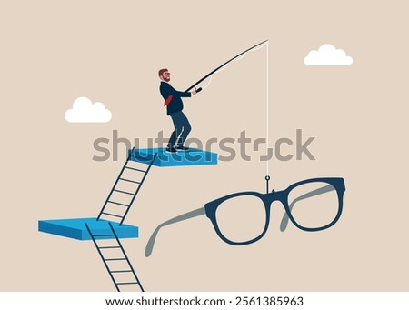 Businessman catching glasses on fishing rod. Clear business vision, see through lenses in details or clear business outlook. Flat vector illustration