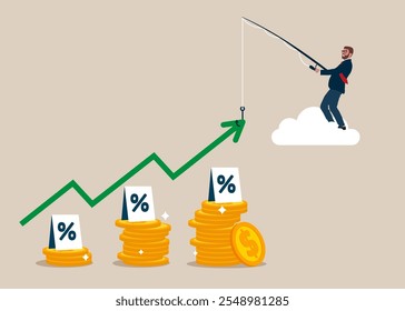 Empresário pegando dinheiro seta verde na vara de pesca. Lucro, mineração, renda. Aumento da taxa de juro devido à subida da percentagem da inflação. Ilustração de vetor plano. 