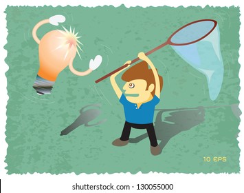 Businessman catching idea bulb with net in vector illustrated on grunge paper.