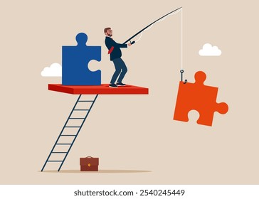 Businessman catching jigsaw puzzle on fishing rod. Teamwork metaphor. Symbol of working together, cooperation, partnership. Flat vector illustration