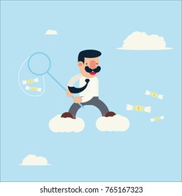 Businessman catching many money on the sky.