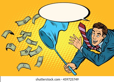 Businessman catching money with a butterfly net and said, pop art retro comic book vector illustration. Dollars and Finance